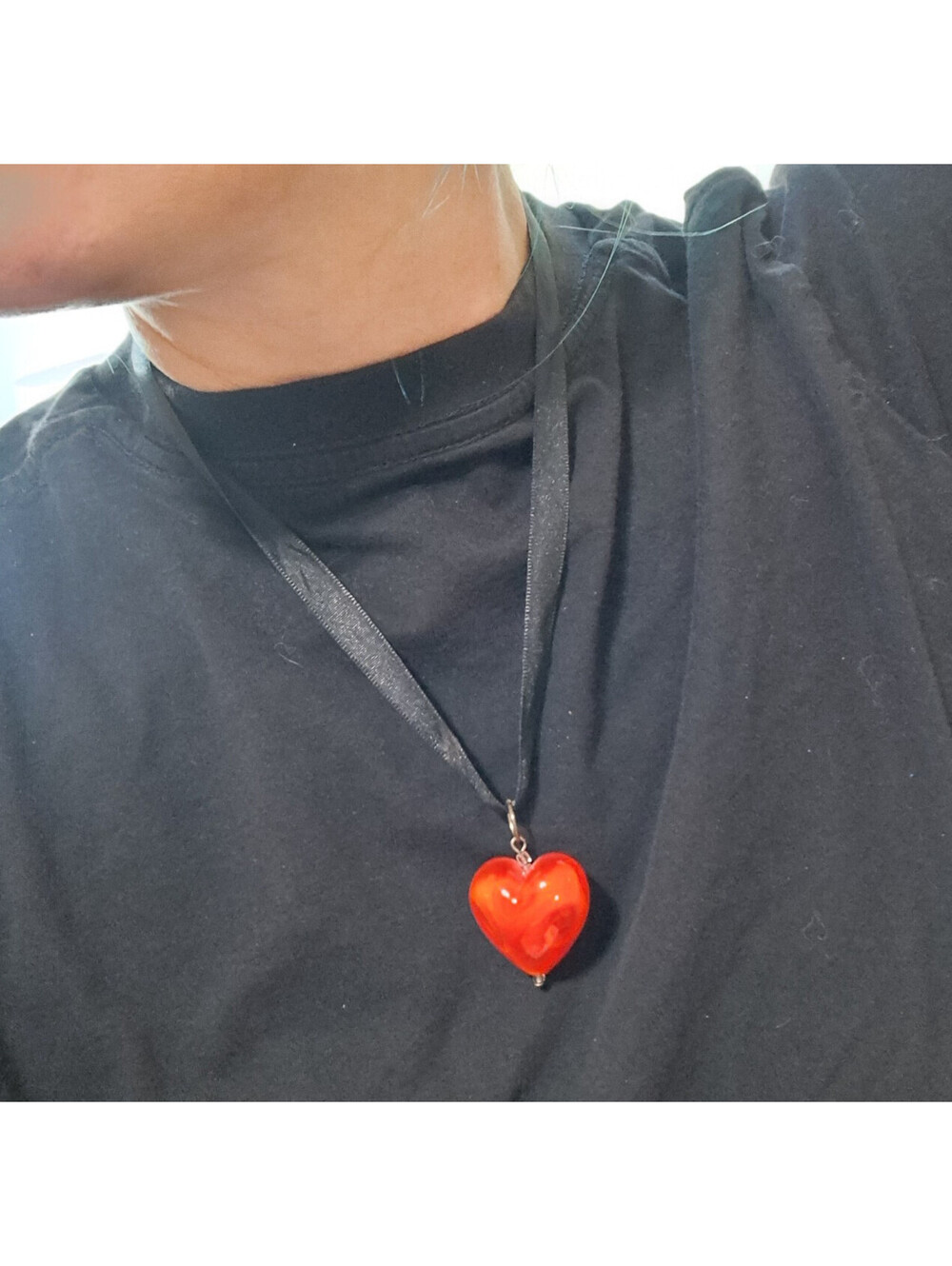 Red Heart Necklace murano Glass Pendant Black Ribbon Y2K Emo Goth Puffy large